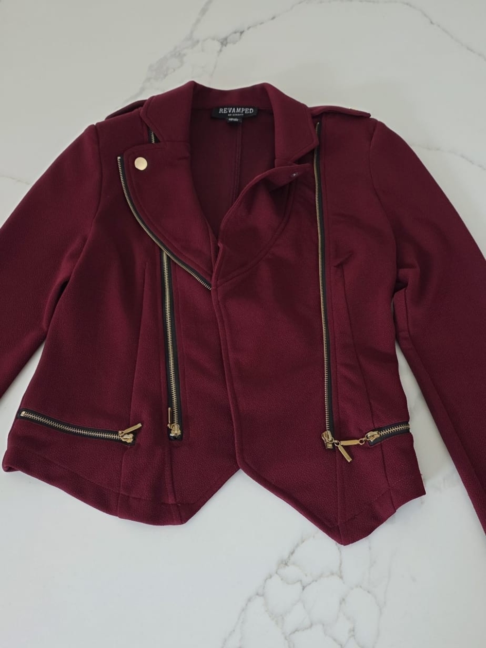 Revamped Women's Maroon Asymmetric Moto Jacket with Gold Hardware
